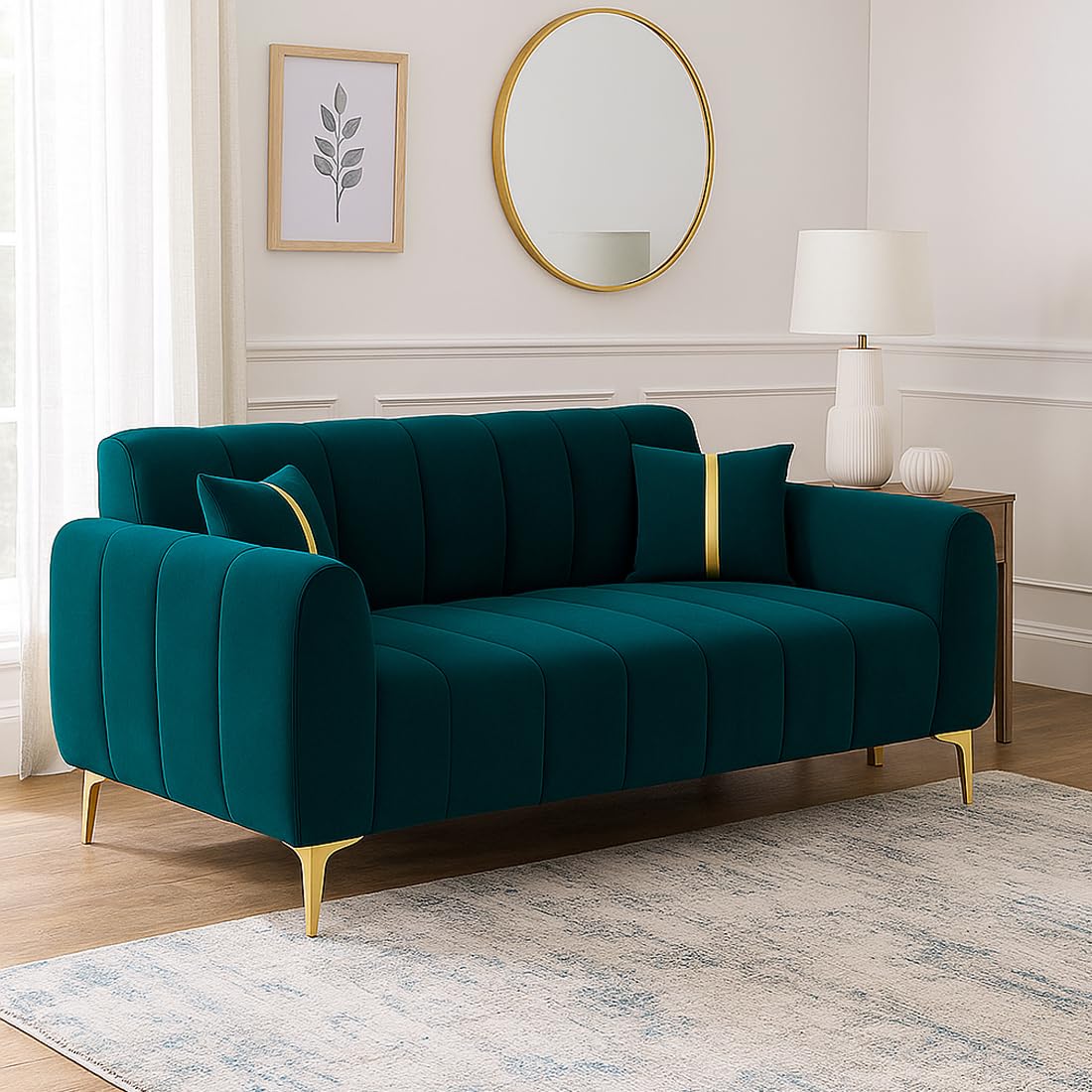 FURNY Harmony 2 Seater Velvet Fabric Sofa Set (Greenish Teal) with Golden Finish Legs | Durable & Comfortable | Ideal for Living Room - Image 2