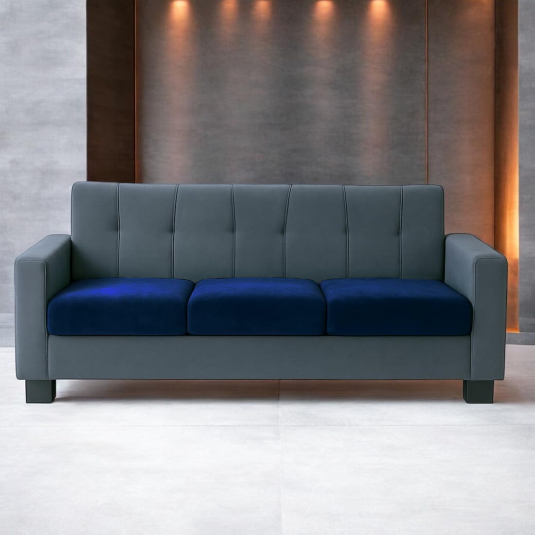 FURNY Homeoy 3 Seater Fabric Sofa Set (Blue-Dark Grey) with Velvet Fabric | Durable Comfort | Ideal for Living Room - Image 2