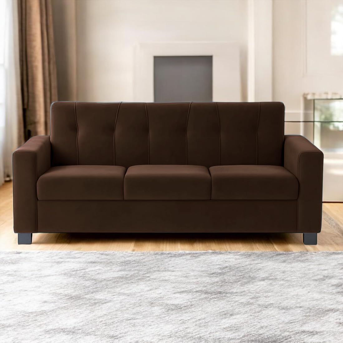 FURNY Homeoy 3 Seater Fabric Sofa Set (Brown) with Velvet Fabric | Durable Comfort | Ideal for Living Room - Image 2