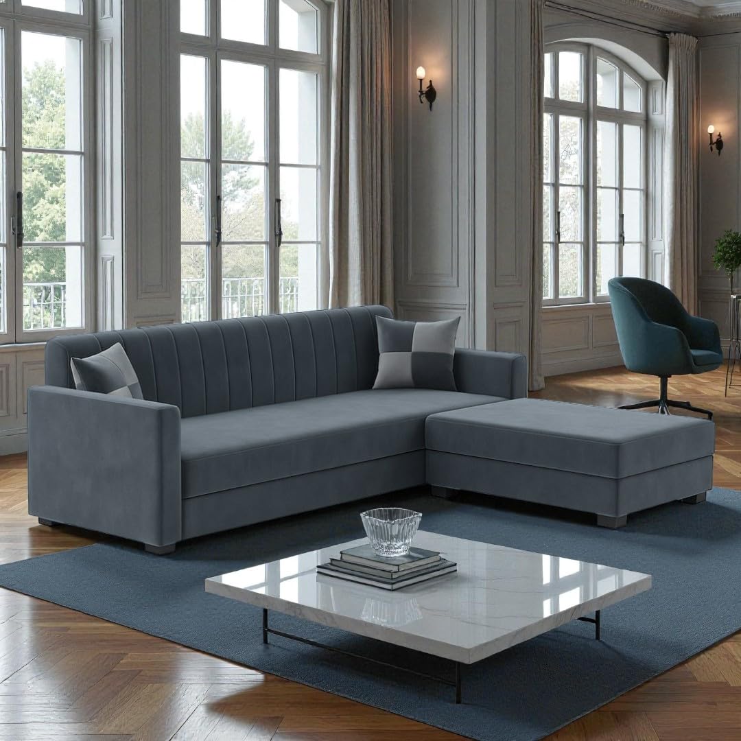 FURNY Korelon 3 Seater Fabric Modular Sofa Set with Ottoman (Dark Grey) | Premium Velvet Fabric | Durable Comfort | Ideal for Living Room - Image 2