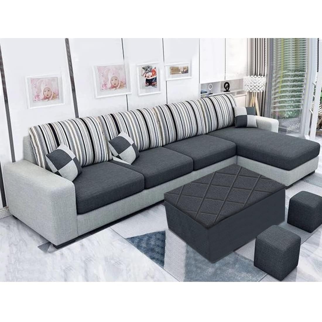 FURNY -Lunoy 8 Seater Fabric RHS L Shape Sofa Set with 1 Centre Table & 2 Puffy (Dark Grey-Light Grey) - Image 2
