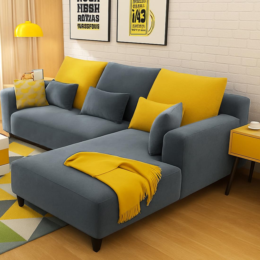 FURNY Mintora 4 Seater Fabric RHS L-Shape Sofa Set with Extra Cushions (Dark Grey) Premium Velvet Finish | Ideal of Living Room - Image 2