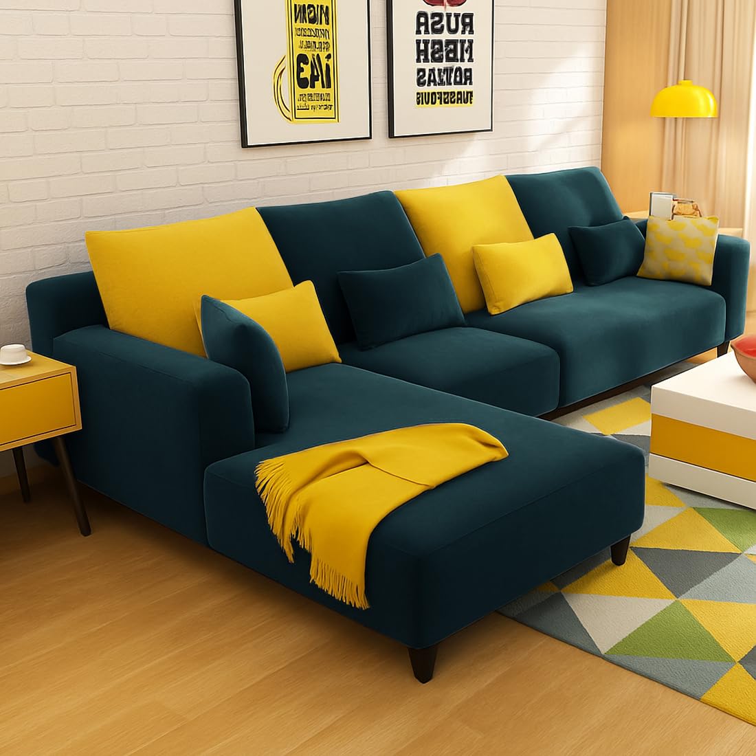 FURNY Mintora 6 Seater Fabric LHS L Shape Sofa Set (Greenish Teal) with Extra Cushions | Premium Velvet Finish | Ideal for Living Room - Image 2