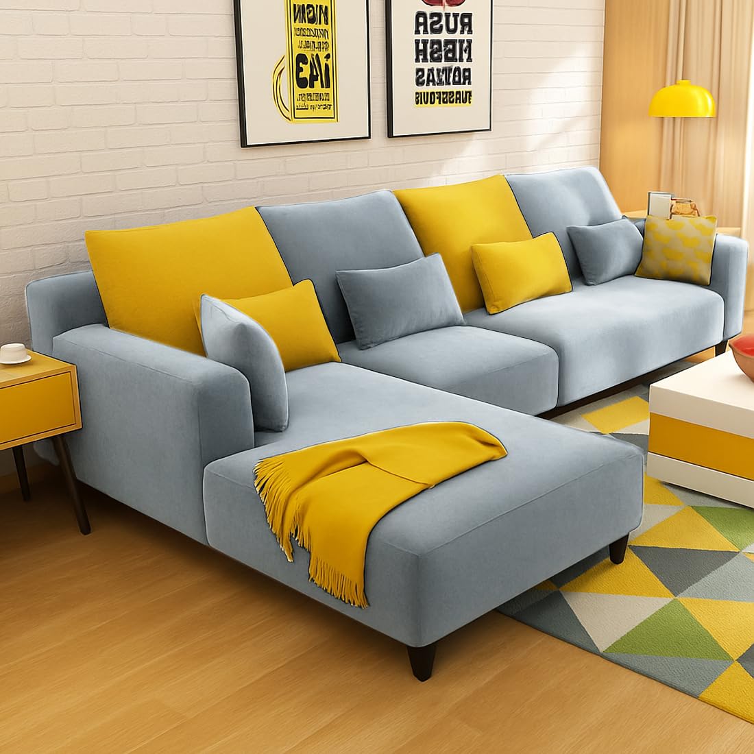 FURNY Mintora 6 Seater Fabric LHS L Shape Sofa Set (Light Grey) with Extra Cushions | Premium Velvet Finish | Ideal for Living Room - Image 2