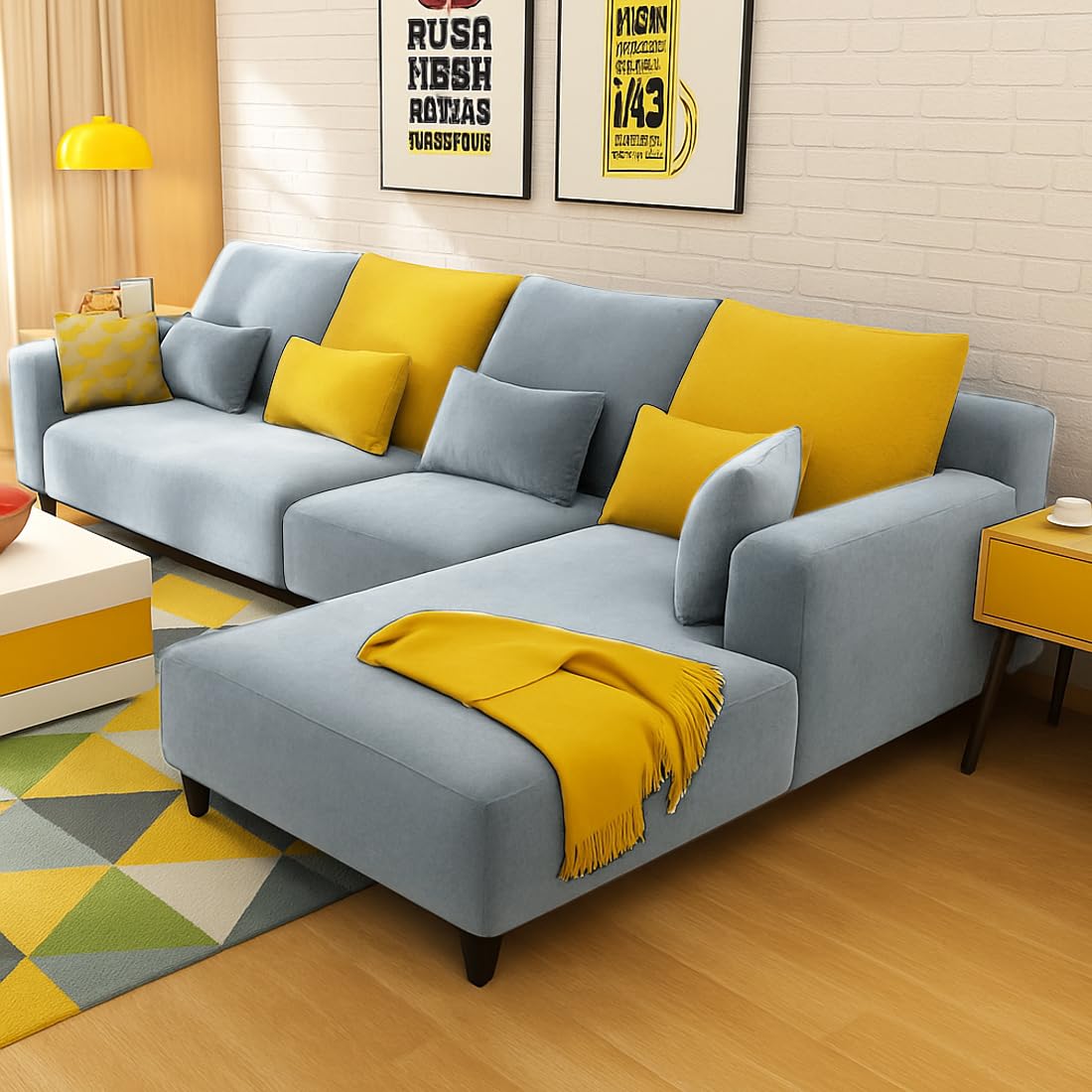 FURNY Mintora 6 Seater Fabric RHS L Shape Sofa Set (Light Grey) with Extra Cushions | Premium Velvet Finish | Ideal for Living Room - Image 2