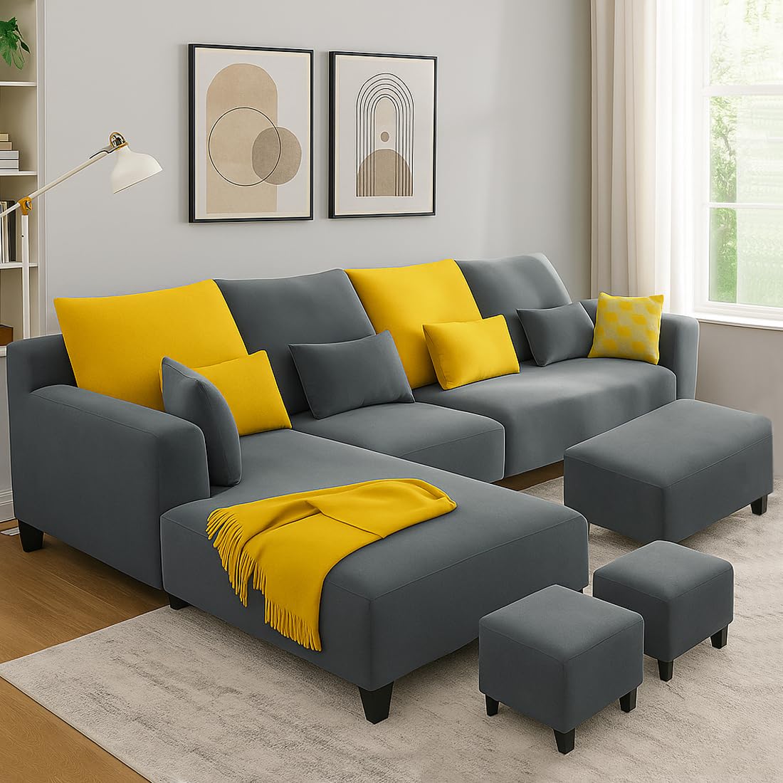 FURNY Mintora 8 Seater Fabric LHS L Shape Sofa Set with 1 Centre Table & 2 Puffys (Dark Grey) with Extra Cushions | Premium Velvet Finish | Ideal for Living Room - Image 2