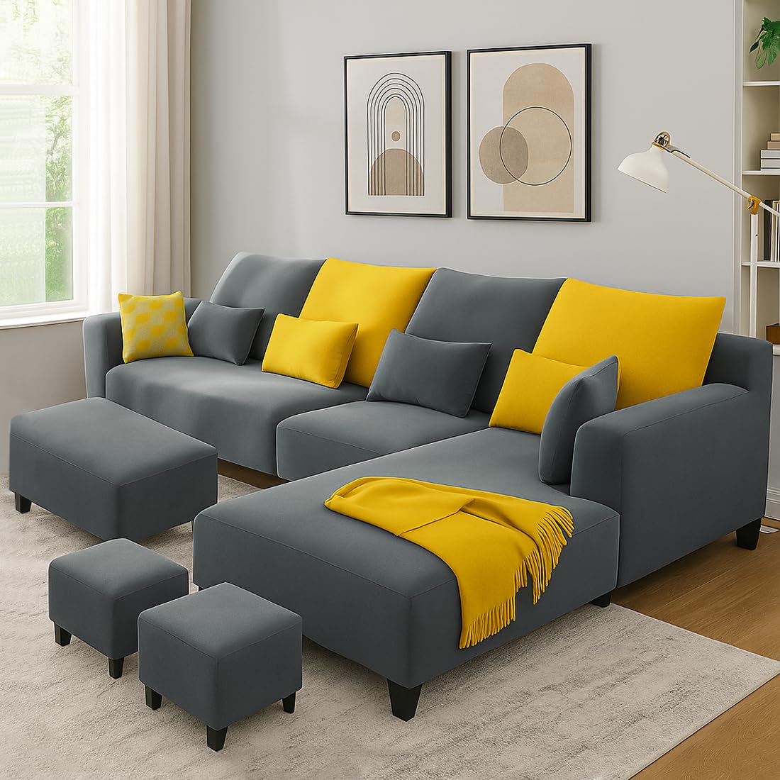 FURNY Mintora 8 Seater Fabric RHS L Shape Sofa Set with 1 Centre Table & 2 Puffys (Dark Grey) with Extra Cushions | Premium Velvet Finish | Ideal for Living Room - Image 2