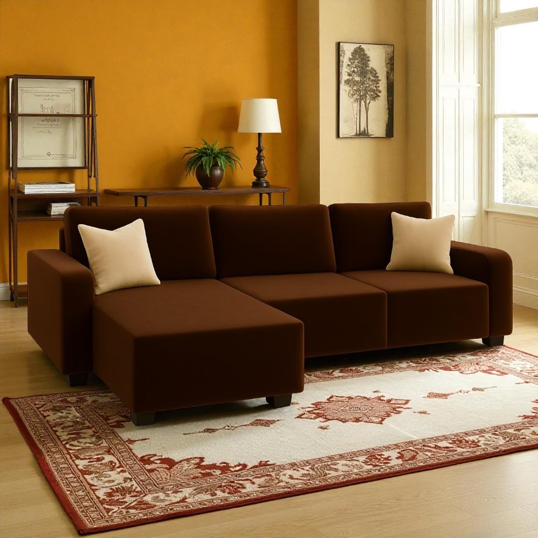 FURNY Sienna 4 Seater Fabric LHS L Shape Sofa Set (Dark Brown) | Premium Velvet Finish | Ideal of Living Room - Image 2