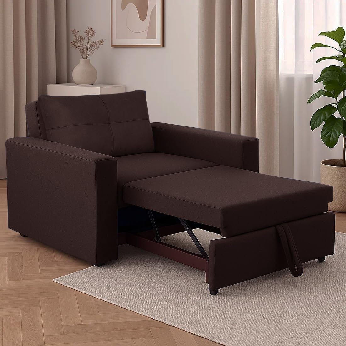 FURNY Soria 1 Seater Pull-Out Premium Fabric Sofa Cum Bed Sofa Set for Living Room (Brown Fabric) - Image 2