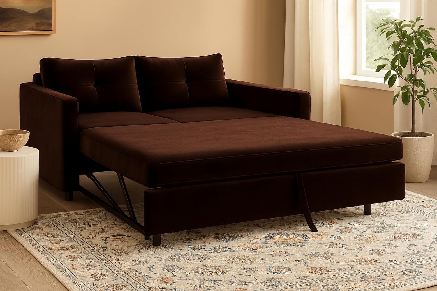 FURNY Soria 2 Seater Pull-Out Premium Fabric Sofa Cum Bed Sofa Set for Living Room (Dark Brown) Premium Velvet Finish - Durable Comfort - Image 2