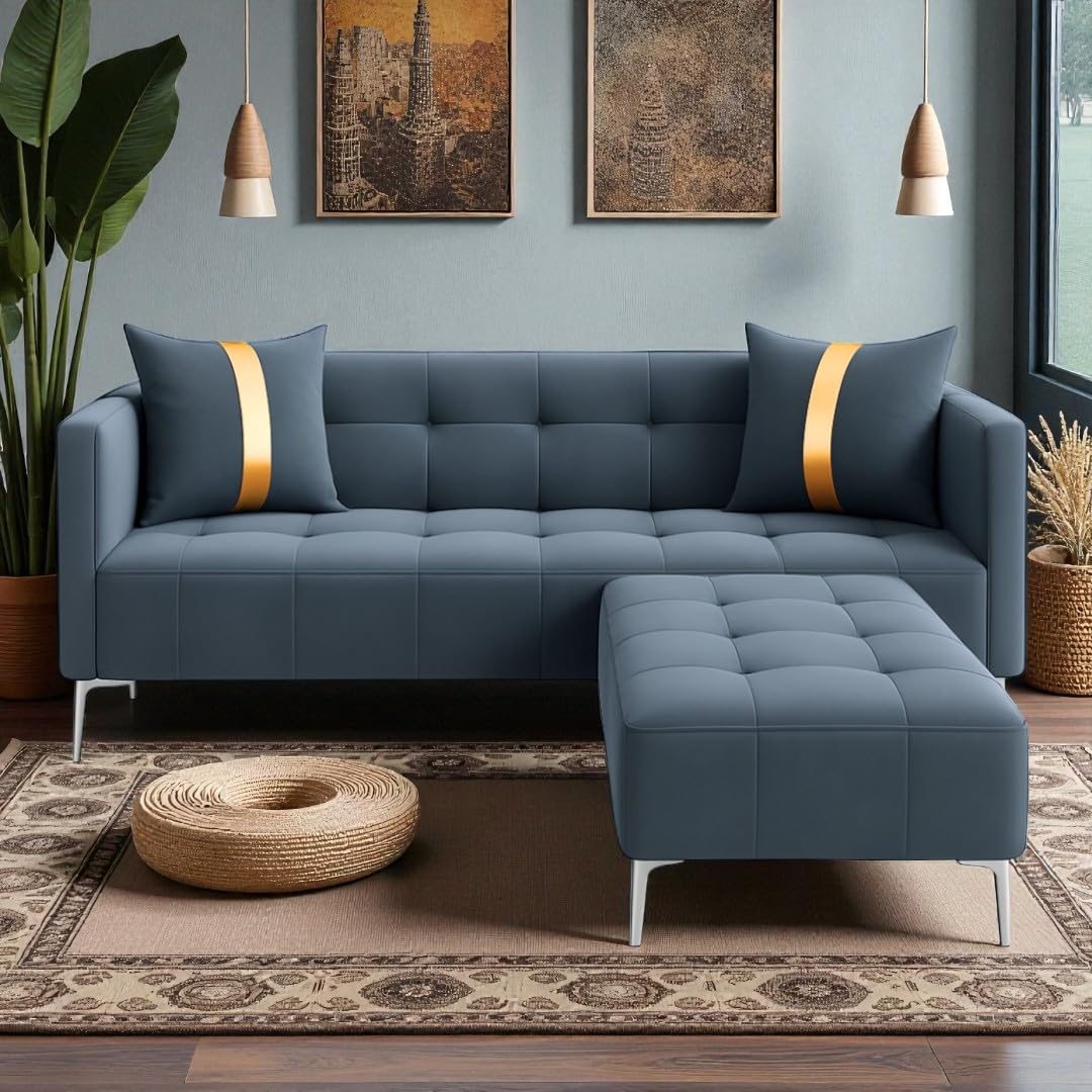 FURNY Styleliving 3 Seater Fabric Sofa Set with Ottoman (Dark Grey) with Velvet Fabric | Durable Comfort | Ideal for Living Room - Image 2