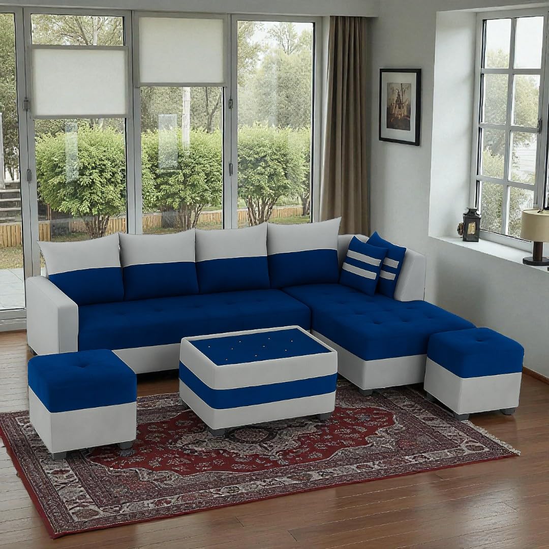 FURNY Stylio 8 Seater Fabric RHS L Shape Sofa Set with 1 Centre Table & 2 Ottoman (Blue-Light Grey) | Premium Velvet Finish | Durable Comfort | Ideal for Living Room - Image 2