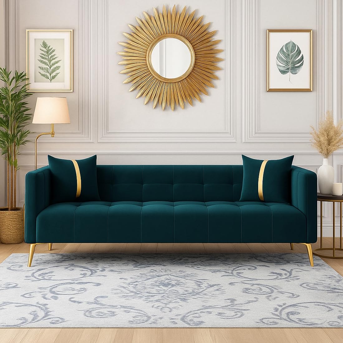 FURNY Styliving 3 Seater Velvet Fabric Sofa Set (Greenish Teal) with Golden Finish Legs | Durable & Comfortable | Ideal for Living Room - Image 2