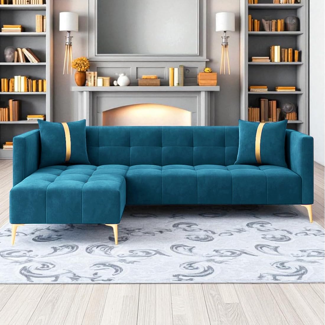 FURNY Styliving 4 Seater Fabric LHS L Shape Sofa Set (Aqua Blue) with Golden Finish Legs | Durable & Comfortable | Ideal for Living Room - Image 2