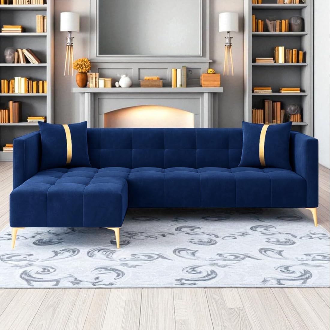 FURNY Styliving 4 Seater Fabric LHS L Shape Sofa Set (Blue) with Golden Finish Legs | Durable & Comfortable | Ideal for Living Room - Image 2