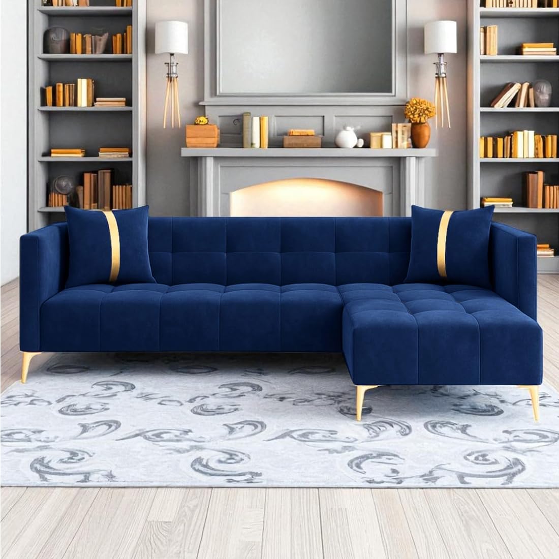 FURNY Styliving 4 Seater Fabric RHS L Shape Sofa Set (Blue) with Golden Finish Legs | Durable & Comfortable | Ideal for Living Room - Image 2