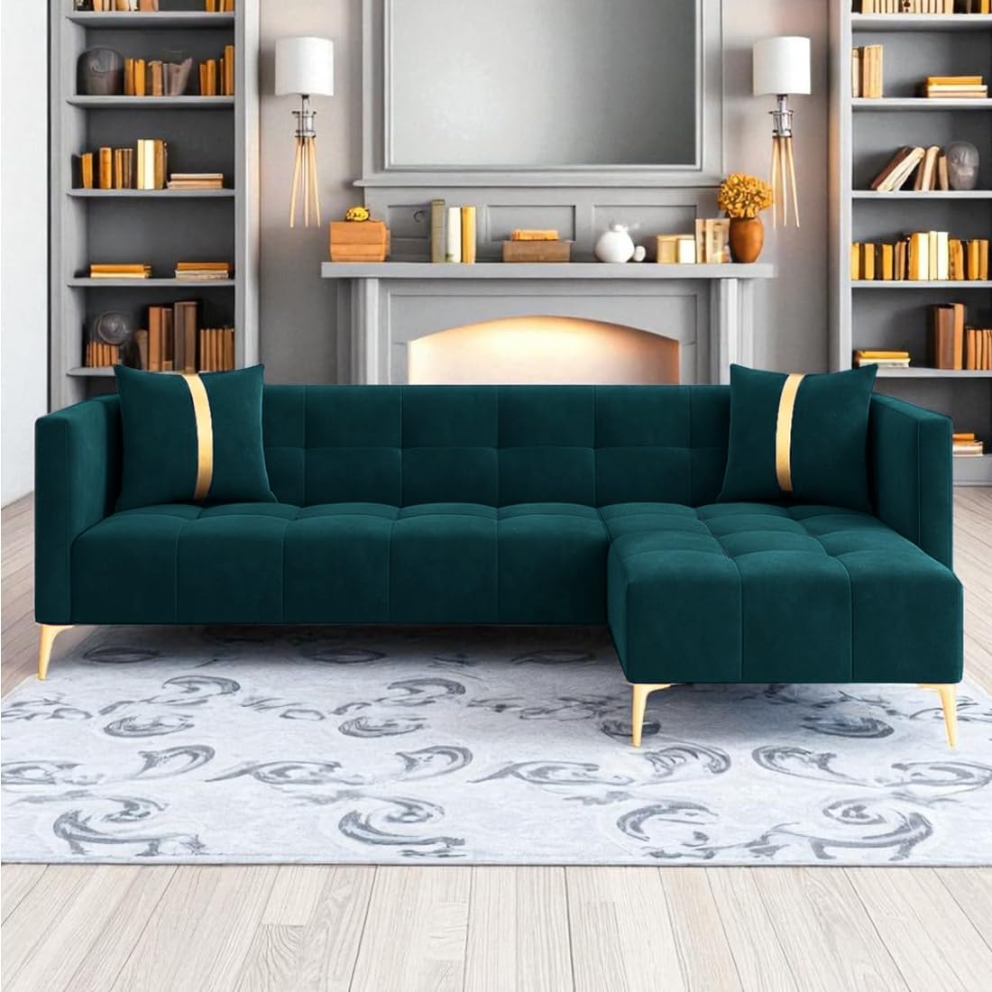 FURNY Styliving 4 Seater Fabric RHS L Shape Sofa Set (Greenish Teal) with Golden Finish Legs | Durable & Comfortable | Ideal for Living Room - Image 2