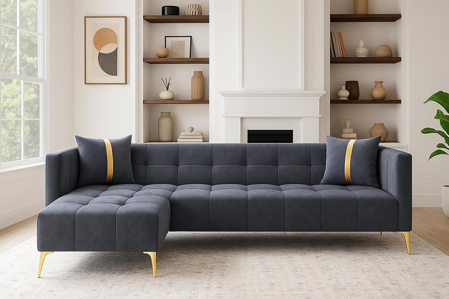 FURNY Styliving 6 Seater Fabric LHS L Shape Sofa Set (Dark Grey) with Golden Finish Legs | Durable & Comfortable | Ideal for Living Room - Image 2