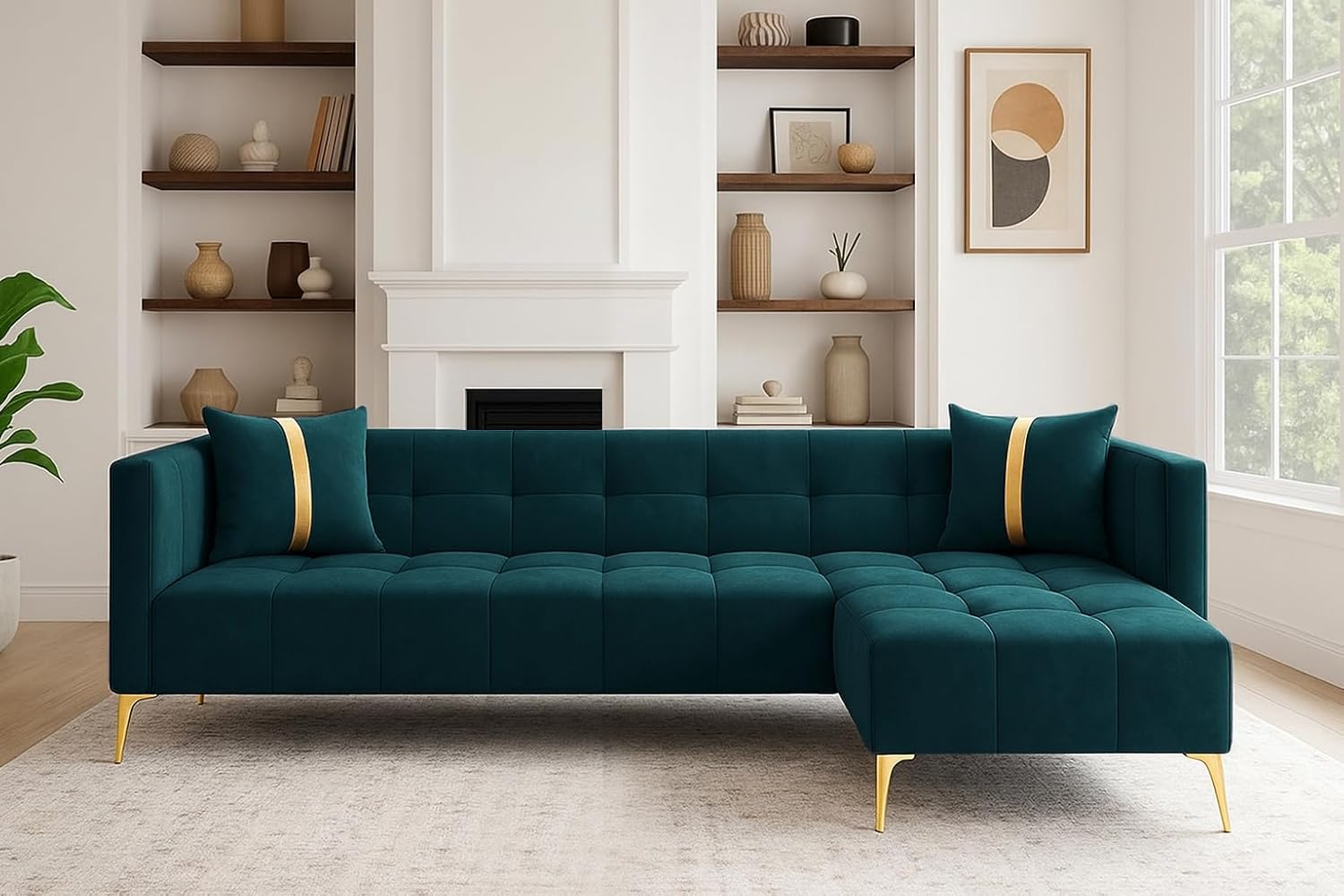 FURNY Styliving 6 Seater Fabric RHS L Shape Sofa Set (Greenish Teal) with Golden Finish Legs | Durable & Comfortable | Ideal for Living Room - Image 2