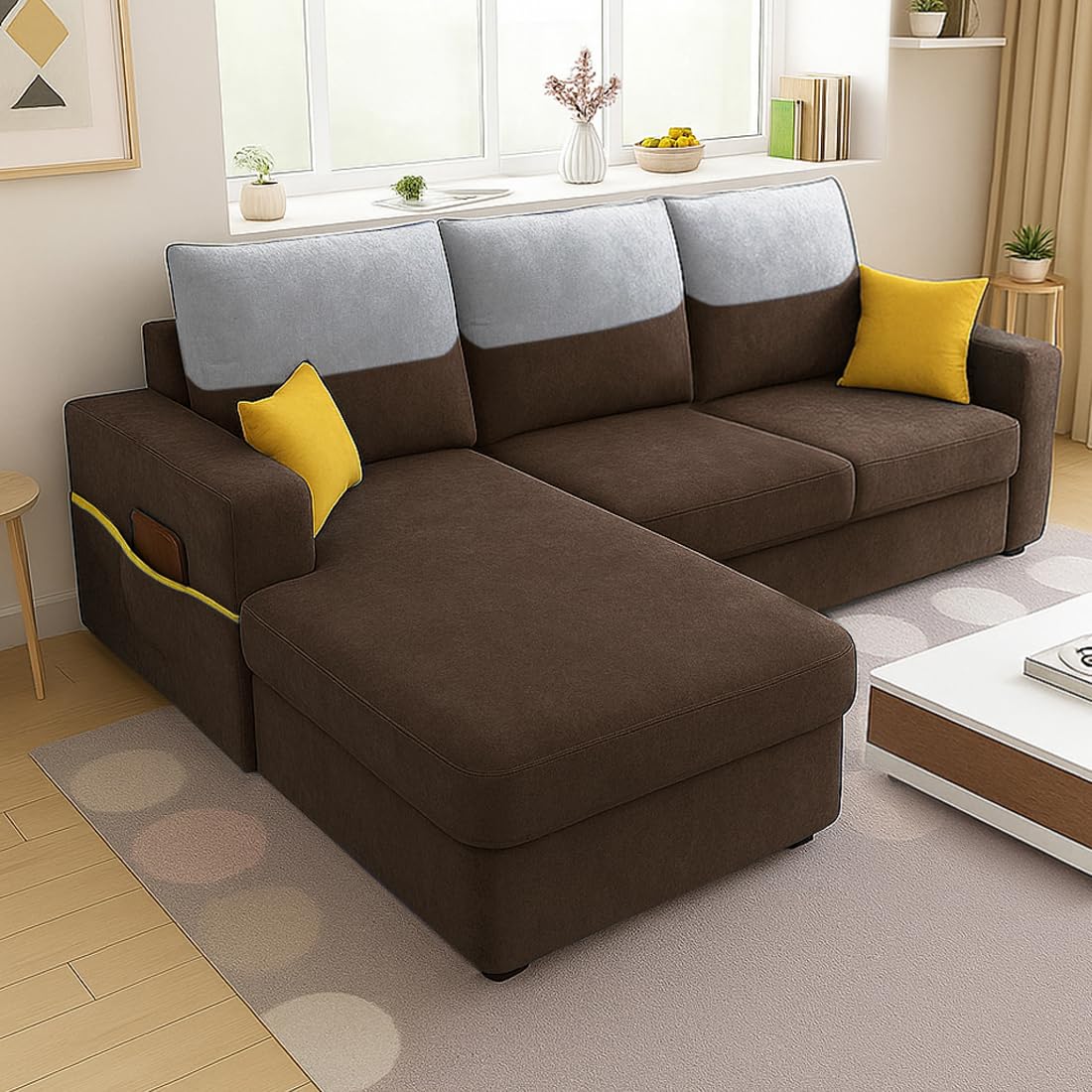 FURNY Tokyo 4 Seater Fabric LHS L Shape Sofa Set (Brown) | Premium Velvet Finish | Ideal of Living Room - Image 2