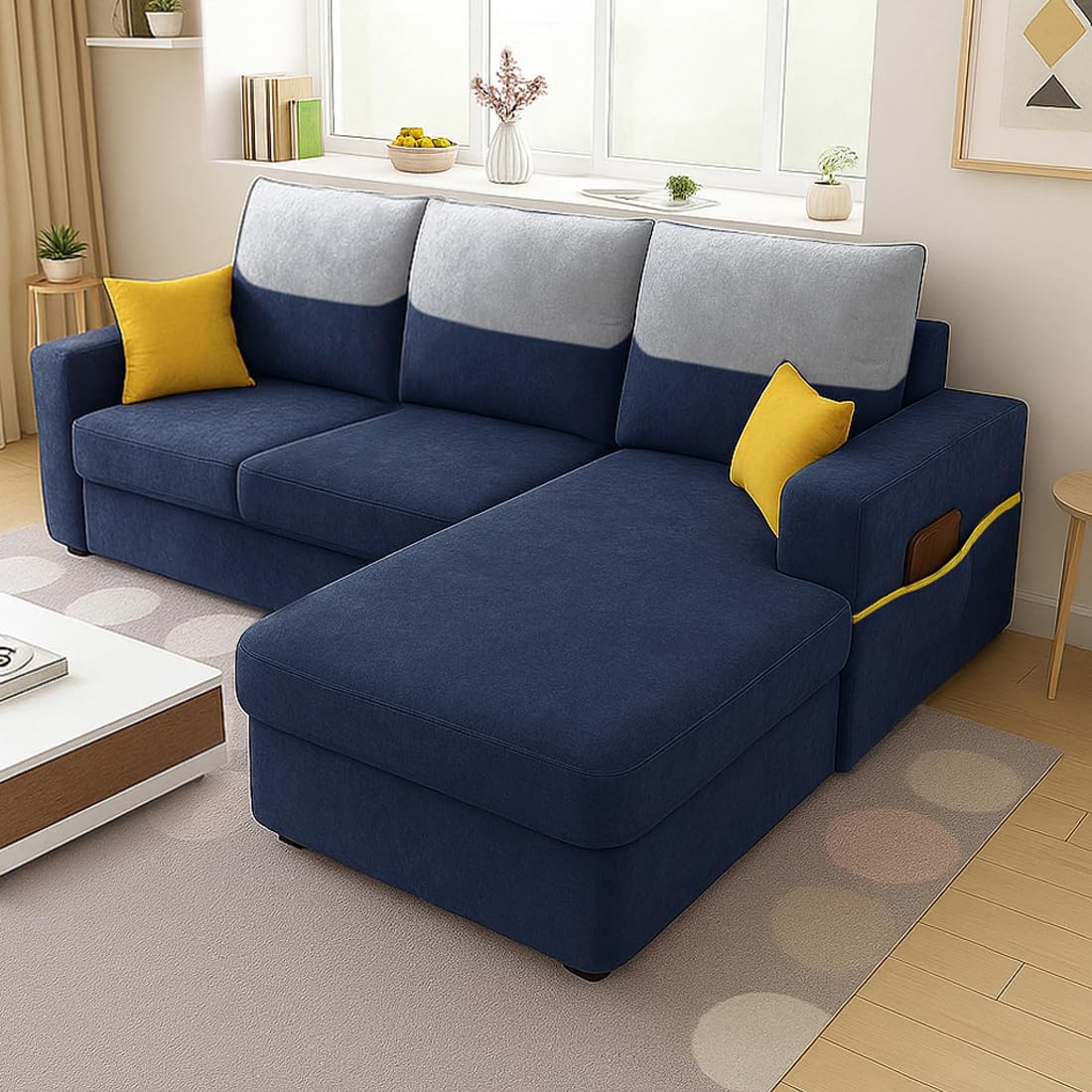 FURNY Tokyo 4 Seater Fabric RHS L Shape Sofa Set (Blue) | Premium Velvet Finish | Ideal of Living Room - Image 2