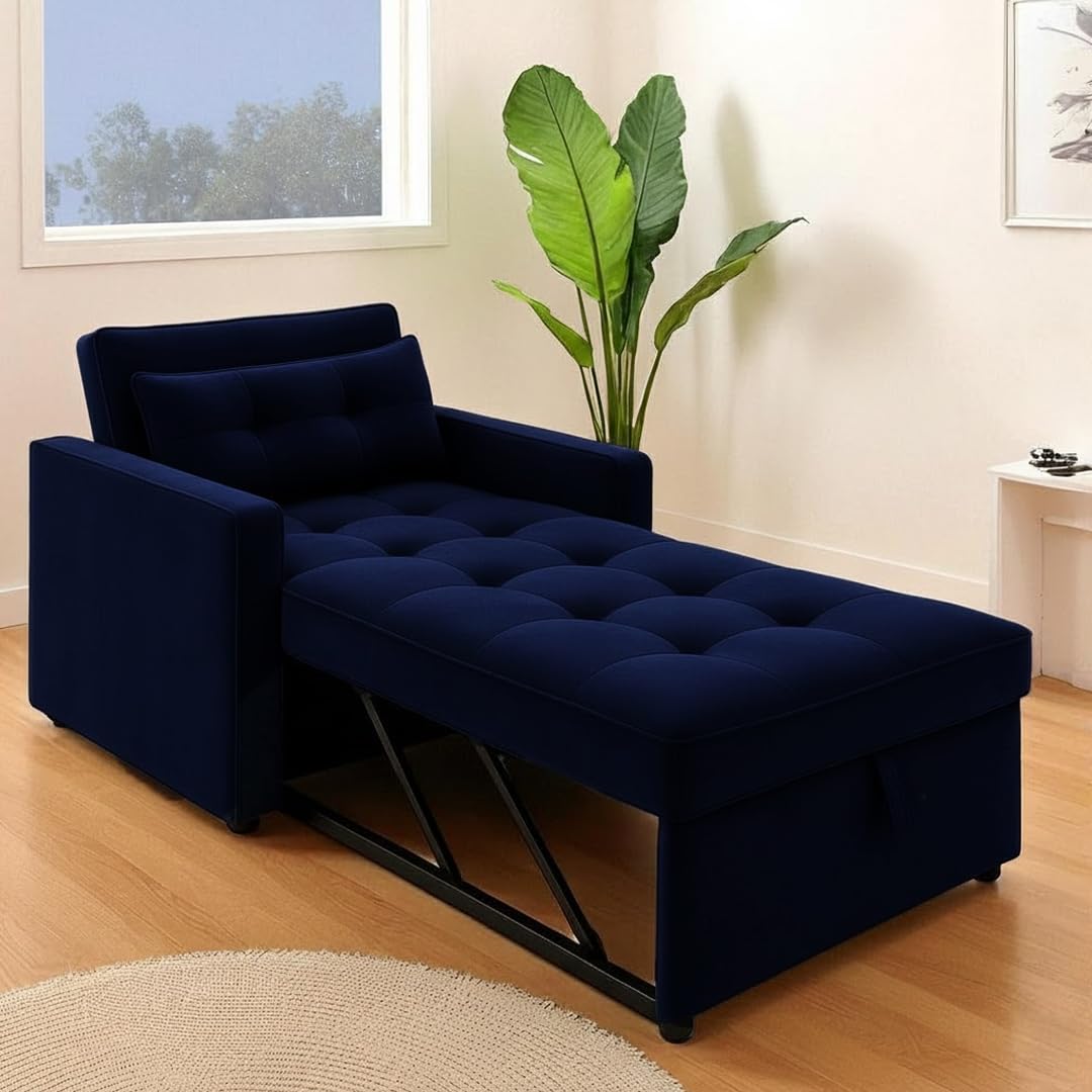 FURNY Tressa 1 Seater Fabric Pull-Out Sofa Cum Bed (Dark Blue) - Premium Velvet Finish - Durable Comfort - Ideal for Living Room - Image 2