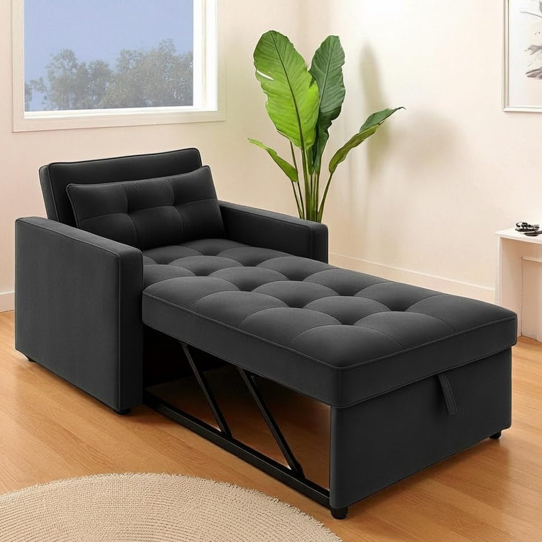 FURNY Tressa 1 Seater Fabric Pull-Out Sofa Cum Bed (Dark Grey) | Premium Velvet Finish | Durable Comfort | Ideal for Living Room - Image 2