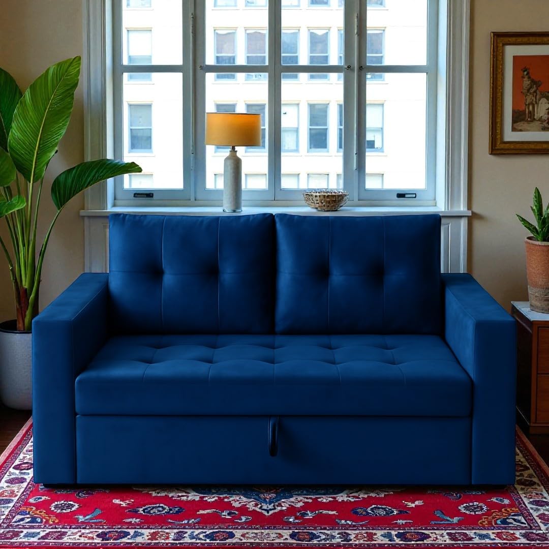 FURNY Tressa 2 Seater Fabric Pull-Out Sofa Cum Bed (Blue) | Premium Velvet Finish | Durable Comfort | Ideal for Living Room - Image 2