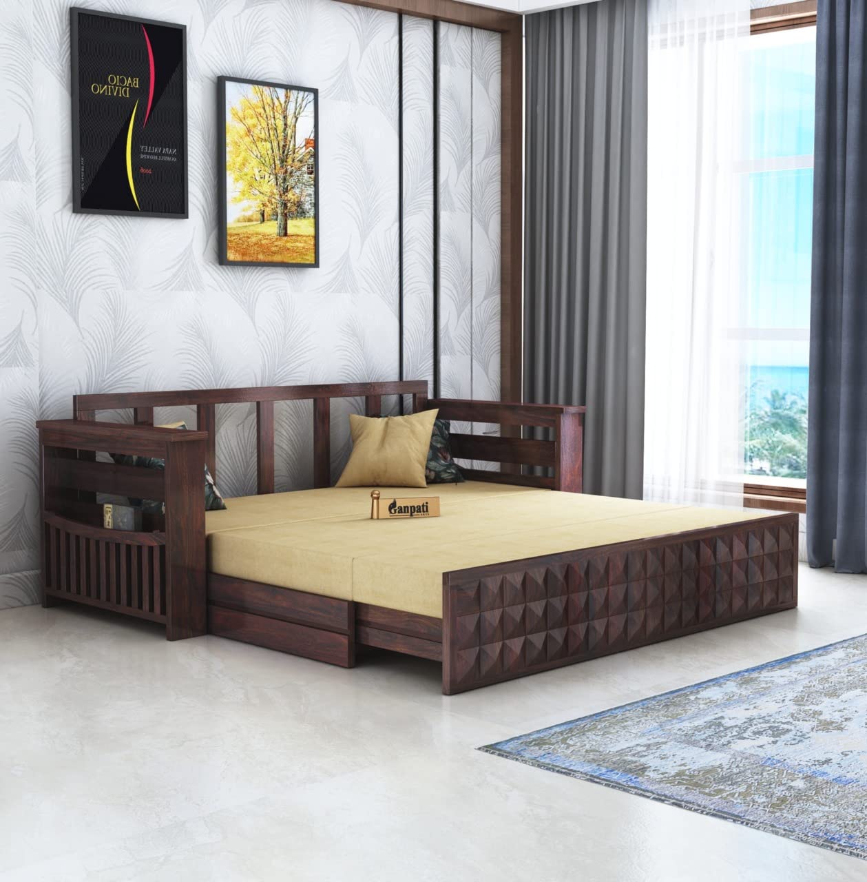 GANPATI ARTS Solid Sheesham Wood Diamond 3-Person Sofa Cum Bed With Storage And Side Pockets For Living Room Hall Bedroom (Walnut Finish) - Image 2