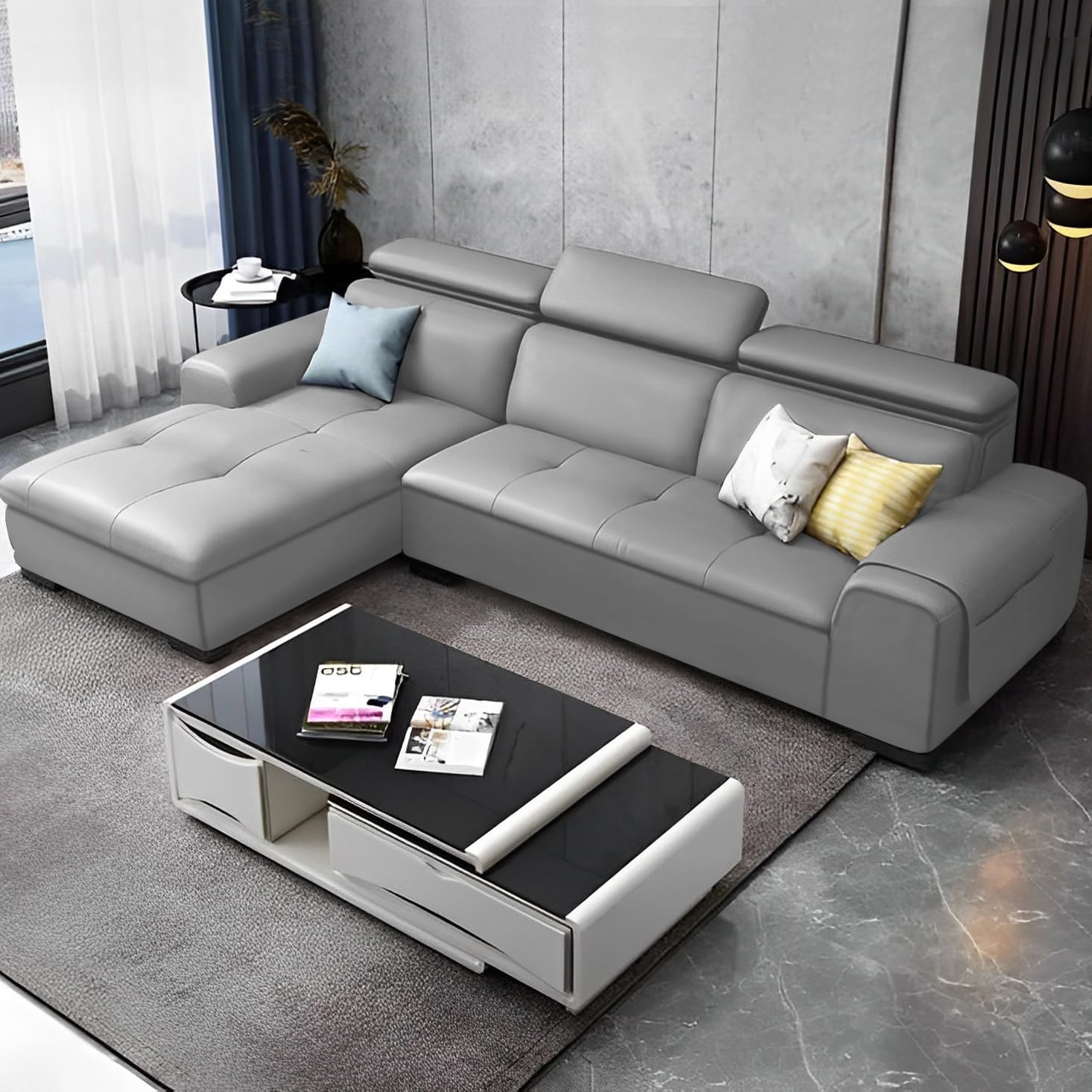 GRAPEWOOD Henslee LHS 4 Seater L Shape Sofa Set for Living Room (Grey) Premium Leathertte Fabric Sofa - Image 2