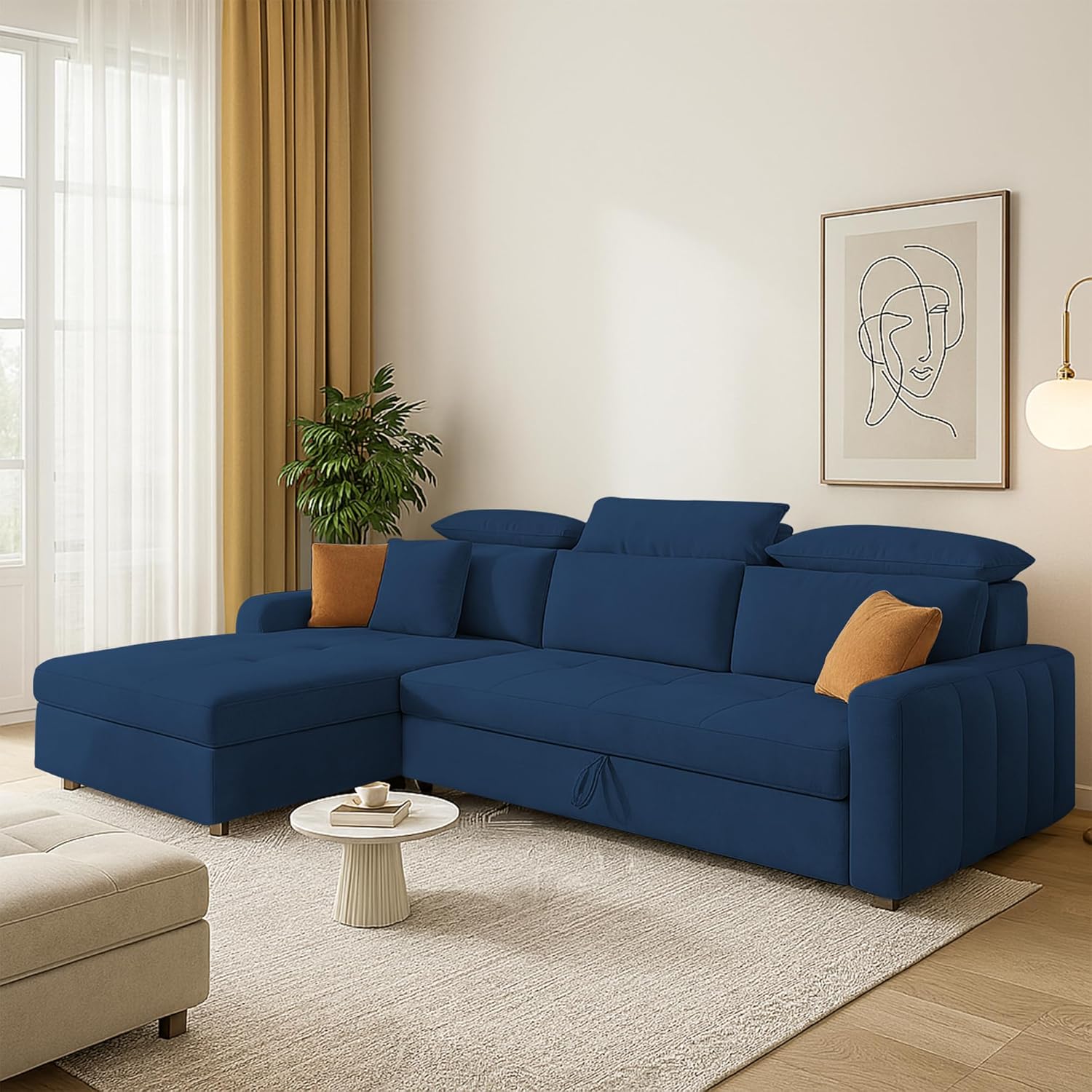Gagnon LHS 4 Seater L Shape Corner Sofa Cum Bed for Living Room (Blue Fabric) Premium Fabric Sofa - Image 2