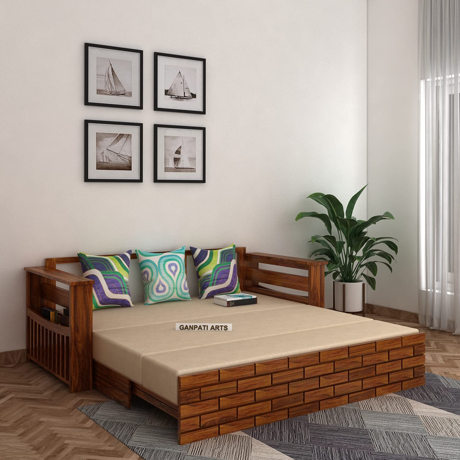 Ganpati Arts Sheesham Wood 3 Seater Sofa Cum Bed for Bedroom 1 Year Warranty (Brown) - Image 2