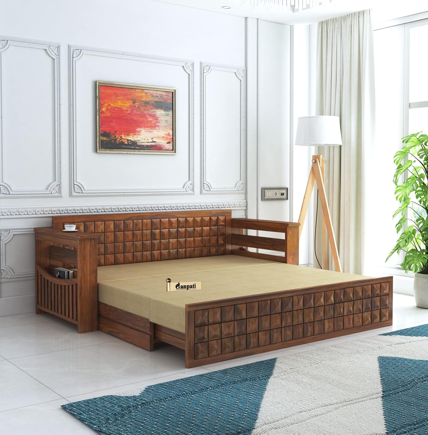 Ganpati Arts Solid Sheesham Wood Diamond 3 Seater Sofa Cum Bed with Storage and Side Pockets for Living Room Wooden Furniture Sofa Bed for Home - Natural Finish 1 Year Warranty, Brown, 3-Person Sofa - Image 2