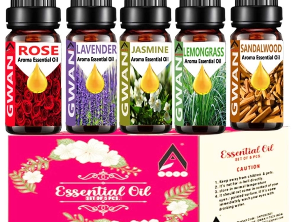 Gwan Aroma Diffuser Oil/Essential oil for home fragrance/essential oil diffuser (Lemon Grass, Lavender, Jasmine, Rose, Sandal Wood), 10ml Each – Set of 5