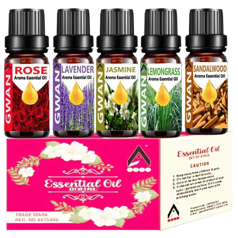 Gwan Aroma Diffuser Oil/Essential oil for home fragrance/essential oil diffuser (Lemon Grass, Lavender, Jasmine, Rose, Sandal Wood), 10ml Each – Set of 5