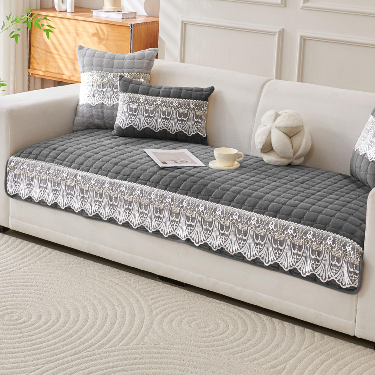HOKIPO 'BelleLace Series' Imperial Milk Velvet Sofa Cover Mat with Lace Design| Make Your Own Sofa Cover Set, Mat Length 90(D) x 60(L) cm, Porpoise Grey (AR-5962-DGRY) - Image 2