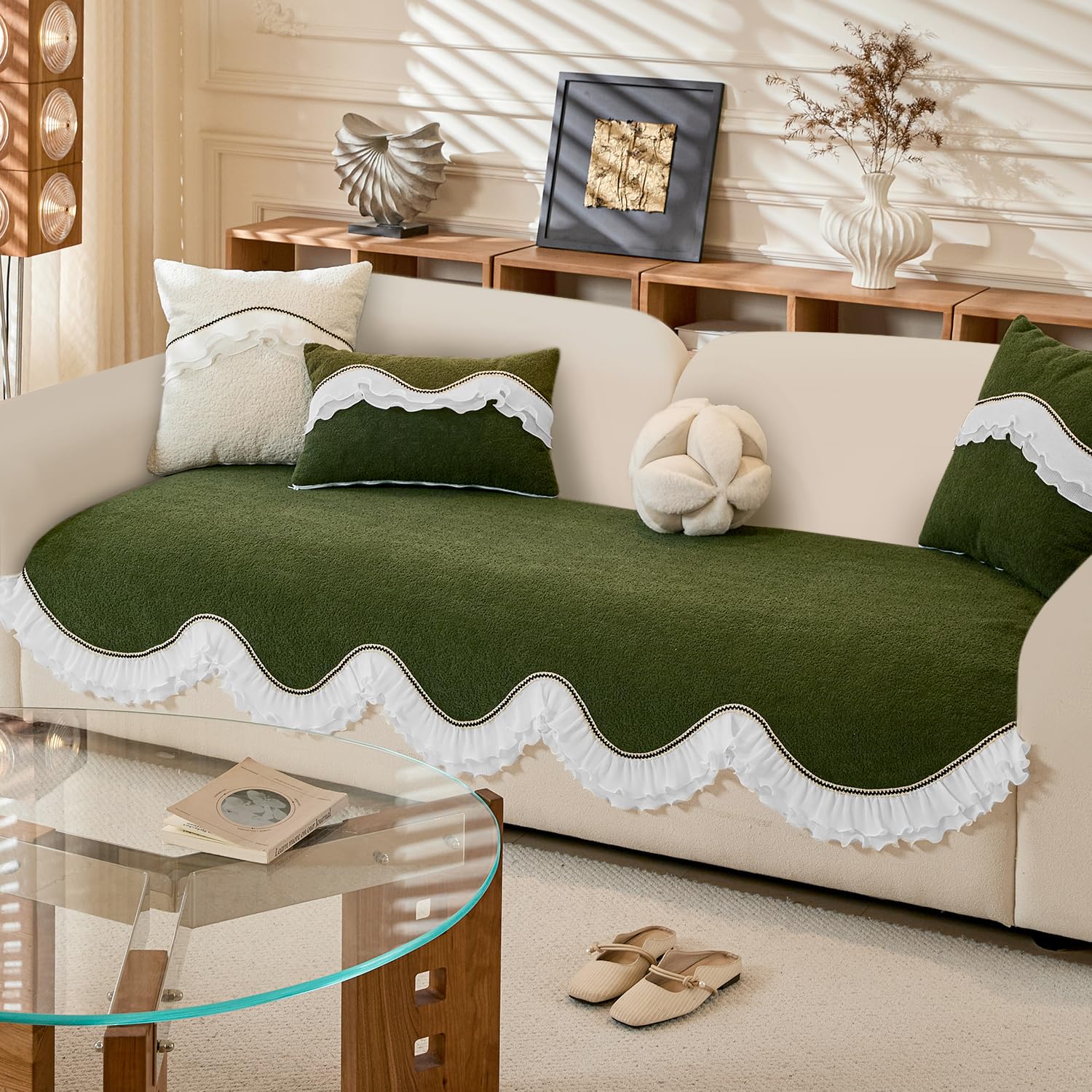 HOKIPO 'French Classic Frill' Wavy Sofa Cover Mat with Curve & Lace | Anti-Slip Sofa Cover Mat for 2 Seater Sofa | Elegant Slipcover, Dark Olive Green (AR-6140-GRN*1) - Image 2