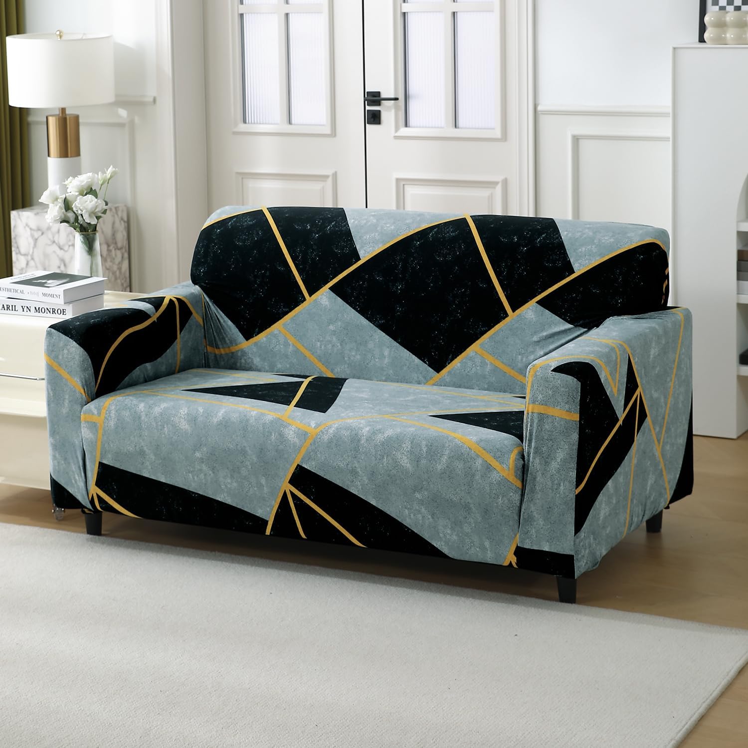 HOKIPO Polyester Blend 140gsm Stretchable Sofa Cover for 2 Seater Sofa, Multicolor Abstract Geometry (NEW-4946-C10) - Image 2