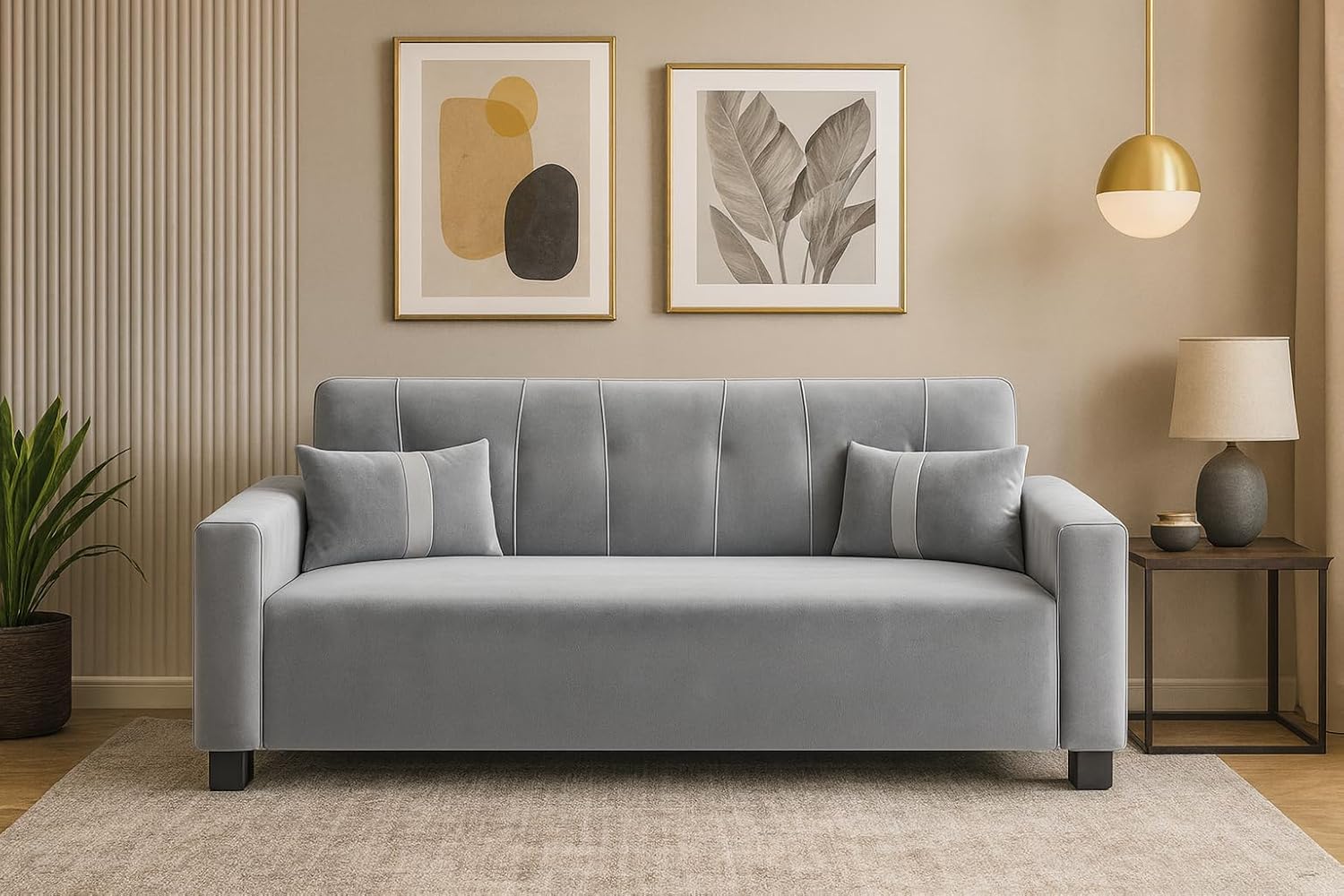 Habitatio 3 Seater Sofa Set | Soft Velvet Suede Fabric | Modern Design | Plush Comfort Cushions for Living Room (Light Grey) - Image 2