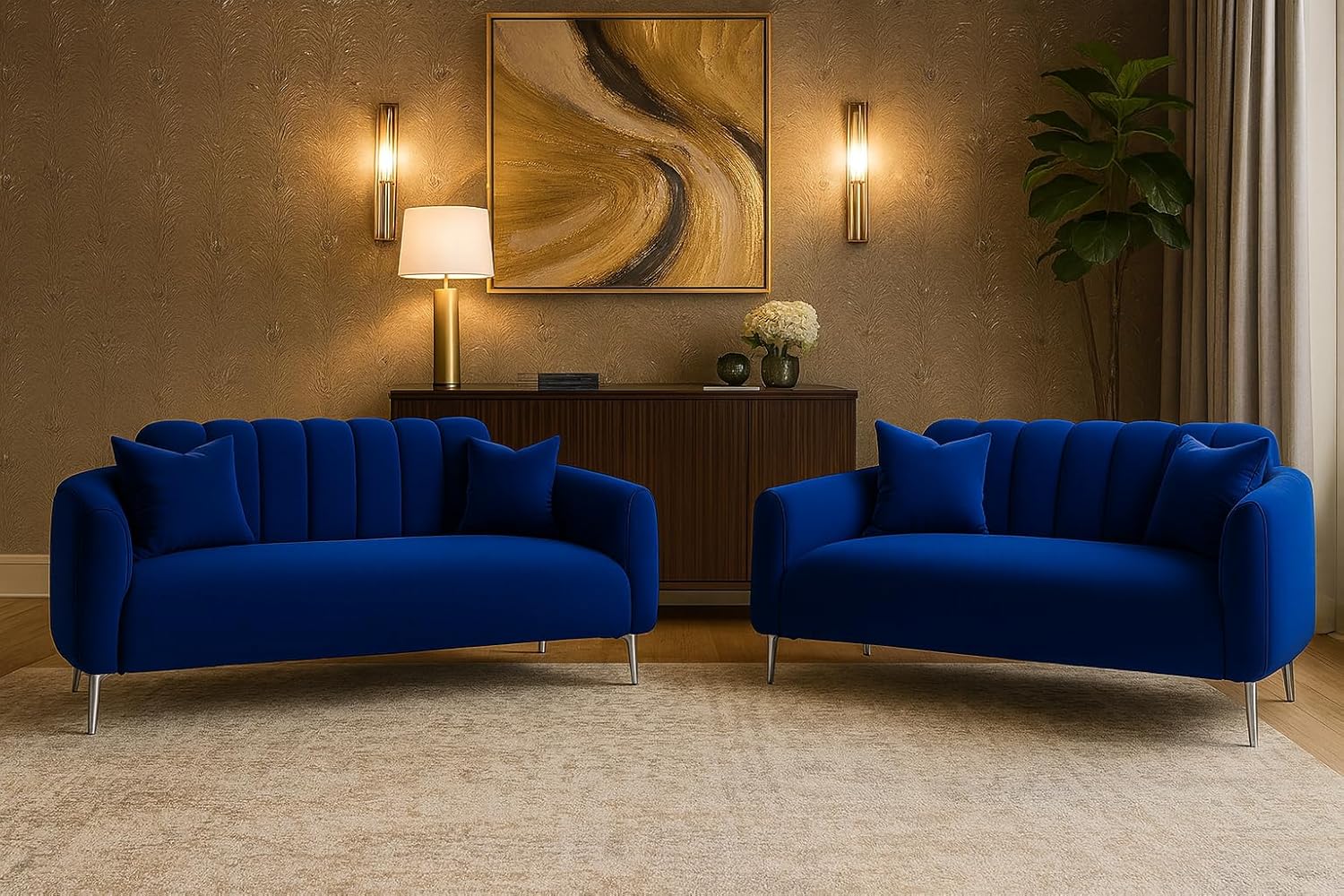 Homiro 5 Seater Sofa Set for Living Room | Soft Velvet Suede Fabric | Modern Design | Plush Comfort Cushions (Dark Blue) - Image 2