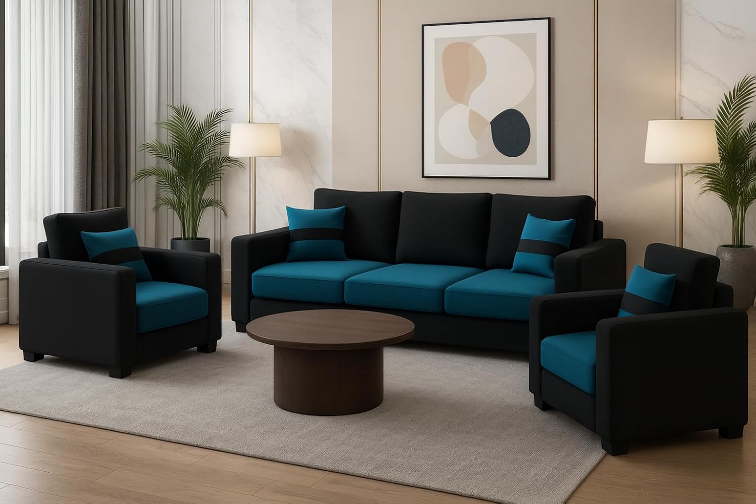 Hudson 5 Seater Sofa Set |3+1+1 Sofa Set, Soft Velvet Suede Fabric | Modern Design | Plush Comfort Cushions for Living Room (Black-Aqua Blue) - Image 2