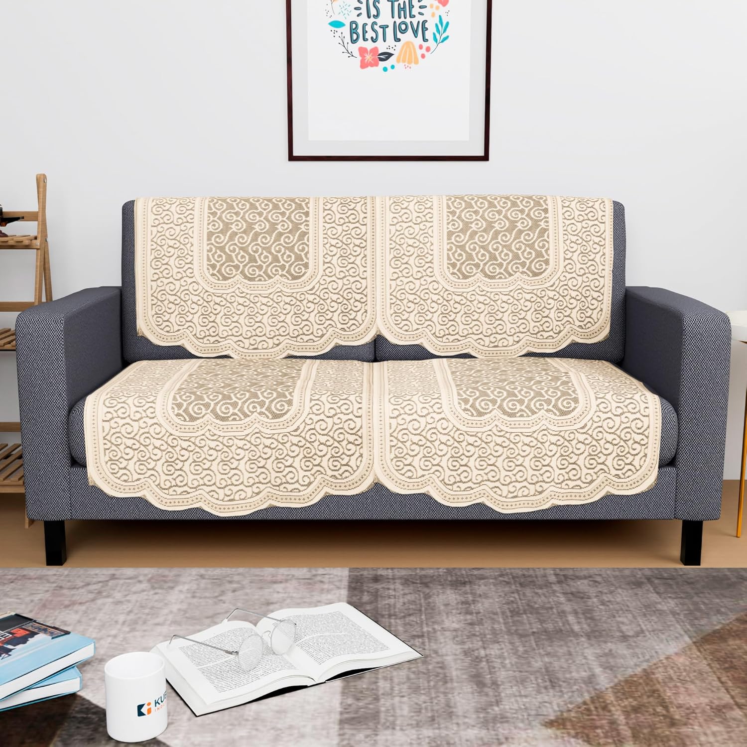 Kuber Industries (Set of 4) Stylish & Durable Cotton Sofa Covers 2 Seater | Washable Sofa Protector/Mat & Slipcover for Hall, Living Room & Office | Zig Zag Design - Cream - Image 2