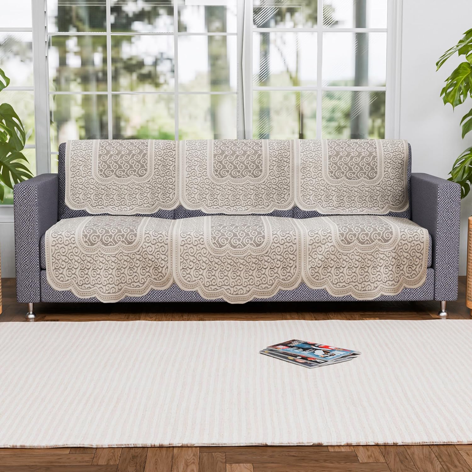 Kuber Industries (Set of 6) Stylish & Durable Cotton Sofa Covers 3 Seater | Washable Sofa Protector/Mat | Suitable Slipcover for Living Room & Office | Zig Zag Design - Cream - Image 2