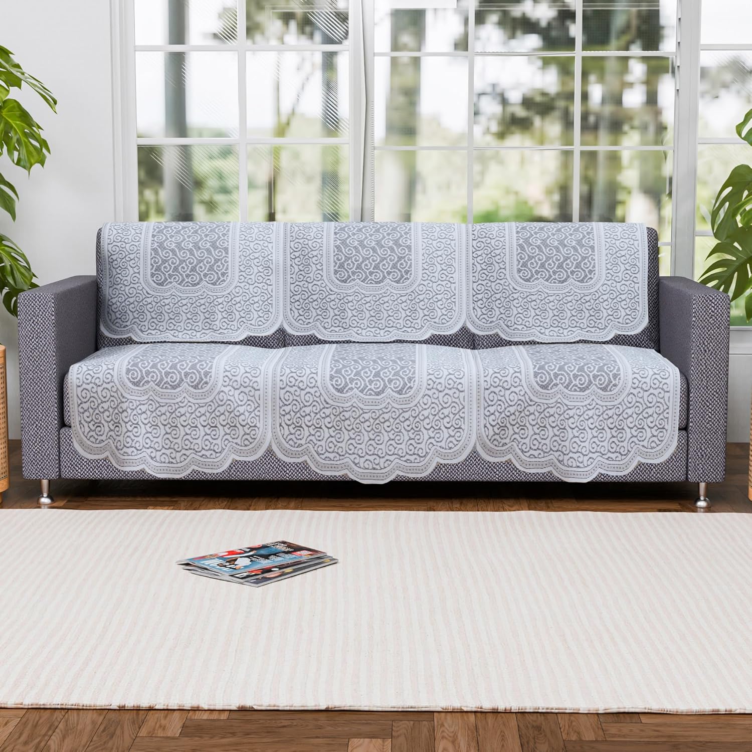 Kuber Industries (Set of 6) Stylish & Durable Cotton Sofa Covers 3 Seater | Washable Sofa Protector/Mat | Suitable Slipcover for Living Room & Office | Zig Zag Design - White - Image 2