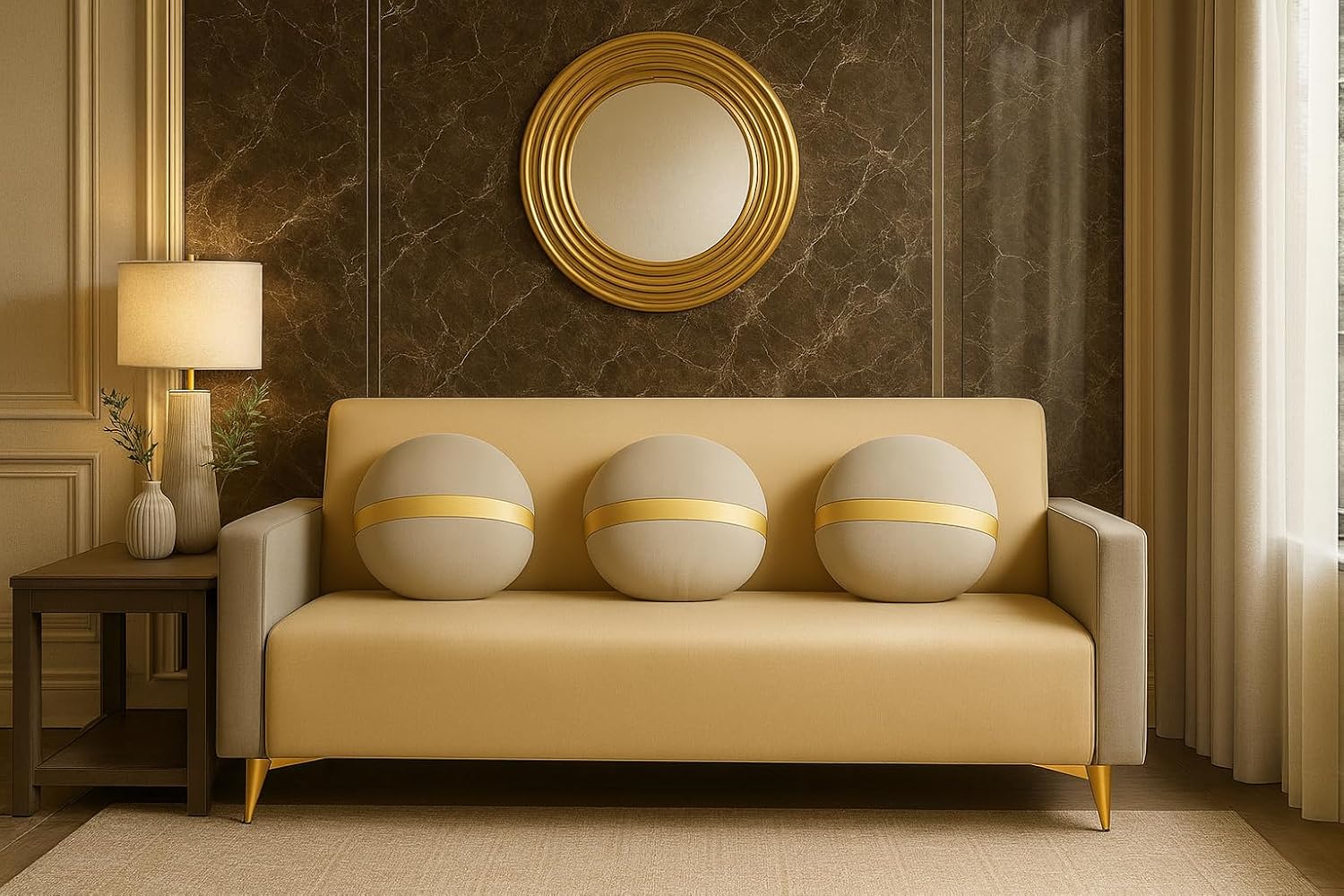 Lexica 3 Seater Sofa Set | Soft Velvet Suede Fabric | Modern Design | Plush Comfort Cushions for Living Room (Golden Stripped Cushion-Dual Cream-Light Grey) - Image 2