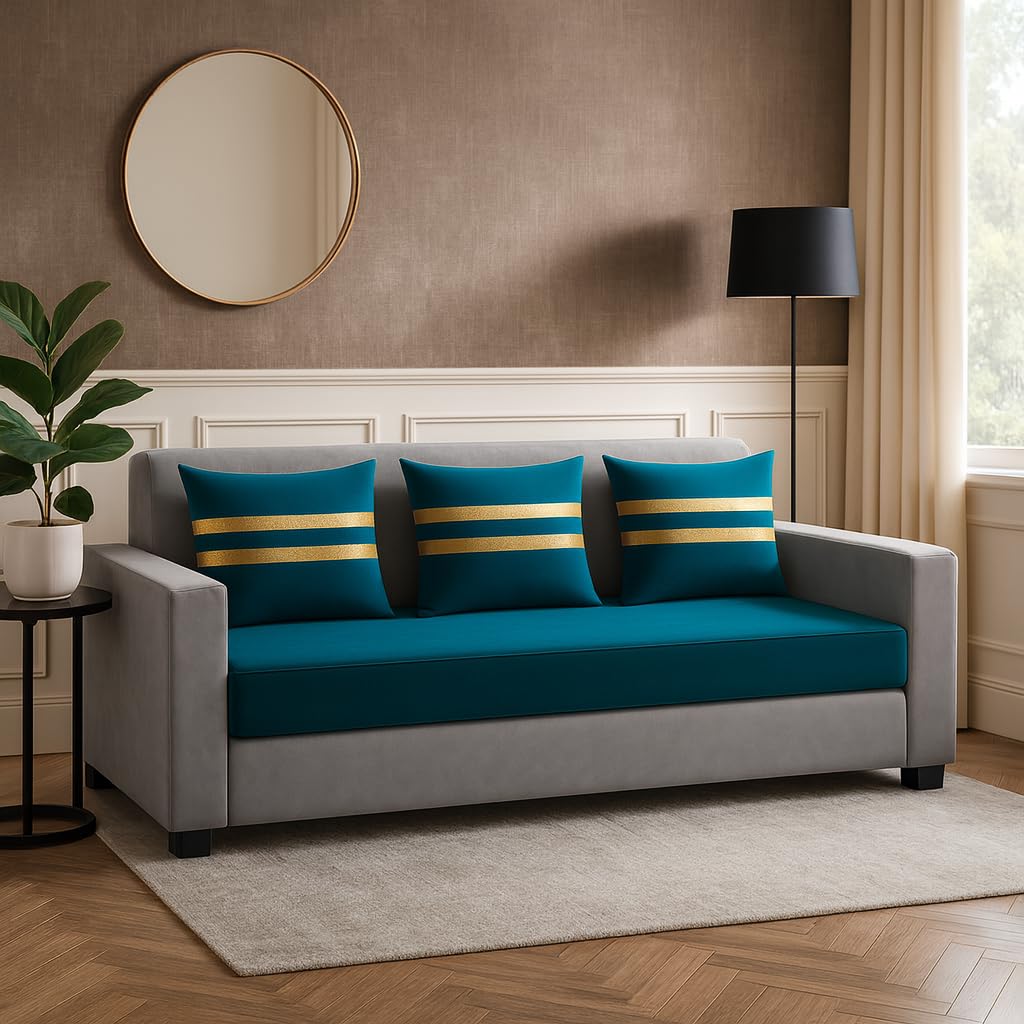 Lexico 3 Seater Sofa Set | Soft Velvet Suede Fabric | Modern Design | Plush Comfort Cushions for Living Room, (Golden Stripped Cushion-Light Grey-Aqua Blue) - Image 2