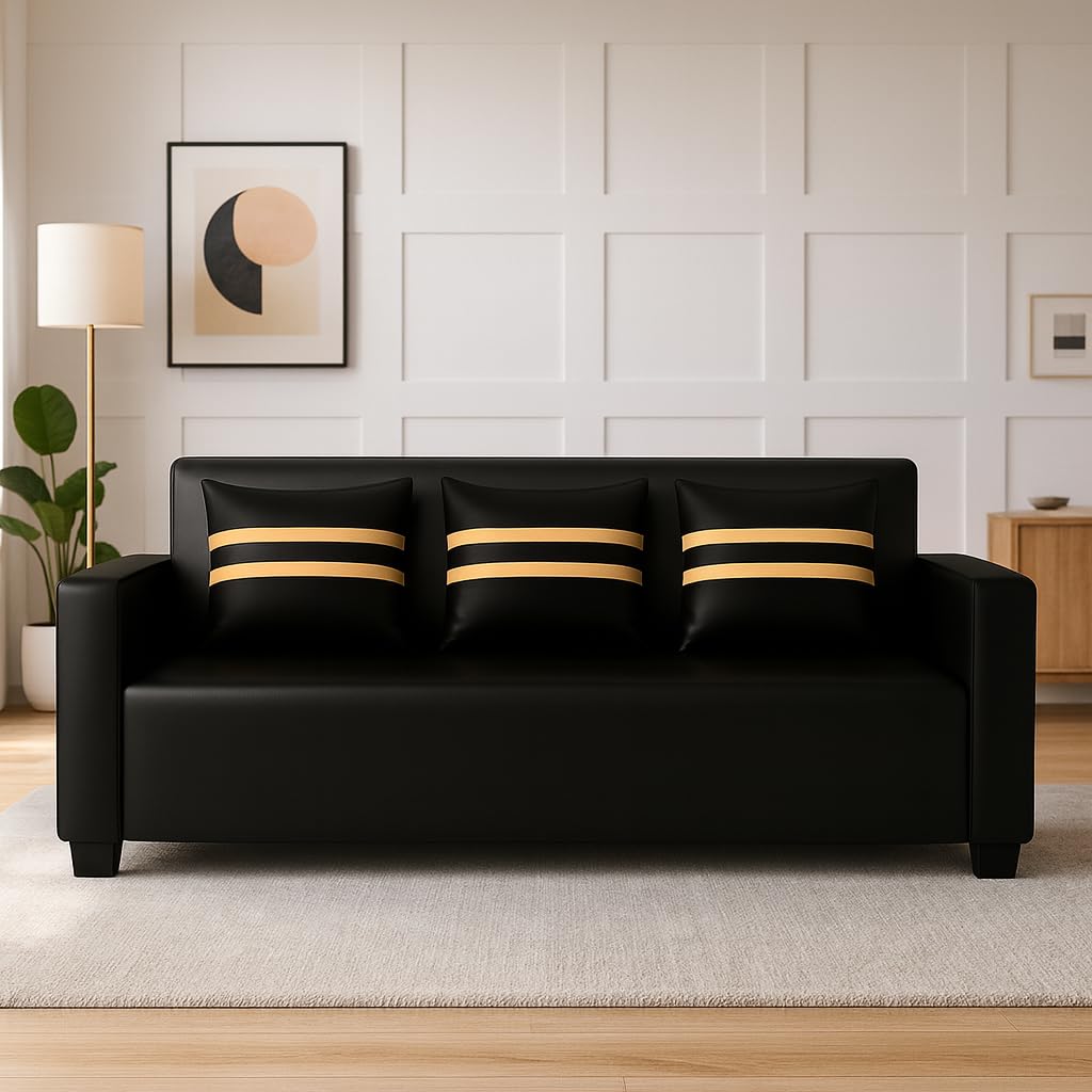 Lexiro 3 Seater Sofa Set | Premium Leatherette Upholstery | Modern Design | Plush Comfort Cushions for Living Room (Golden Stripped Cushion-Black) - Image 2