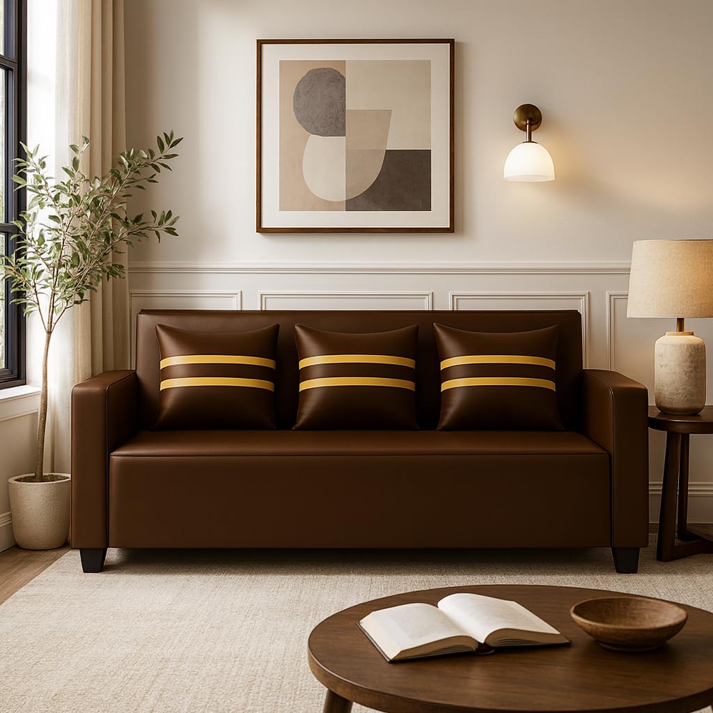 Lexiro 3 Seater Sofa Set | Premium Leatherette Upholstery | Modern Design | Plush Comfort Cushions for Living Room (Golden Stripped Cushion-Brown) - Image 2