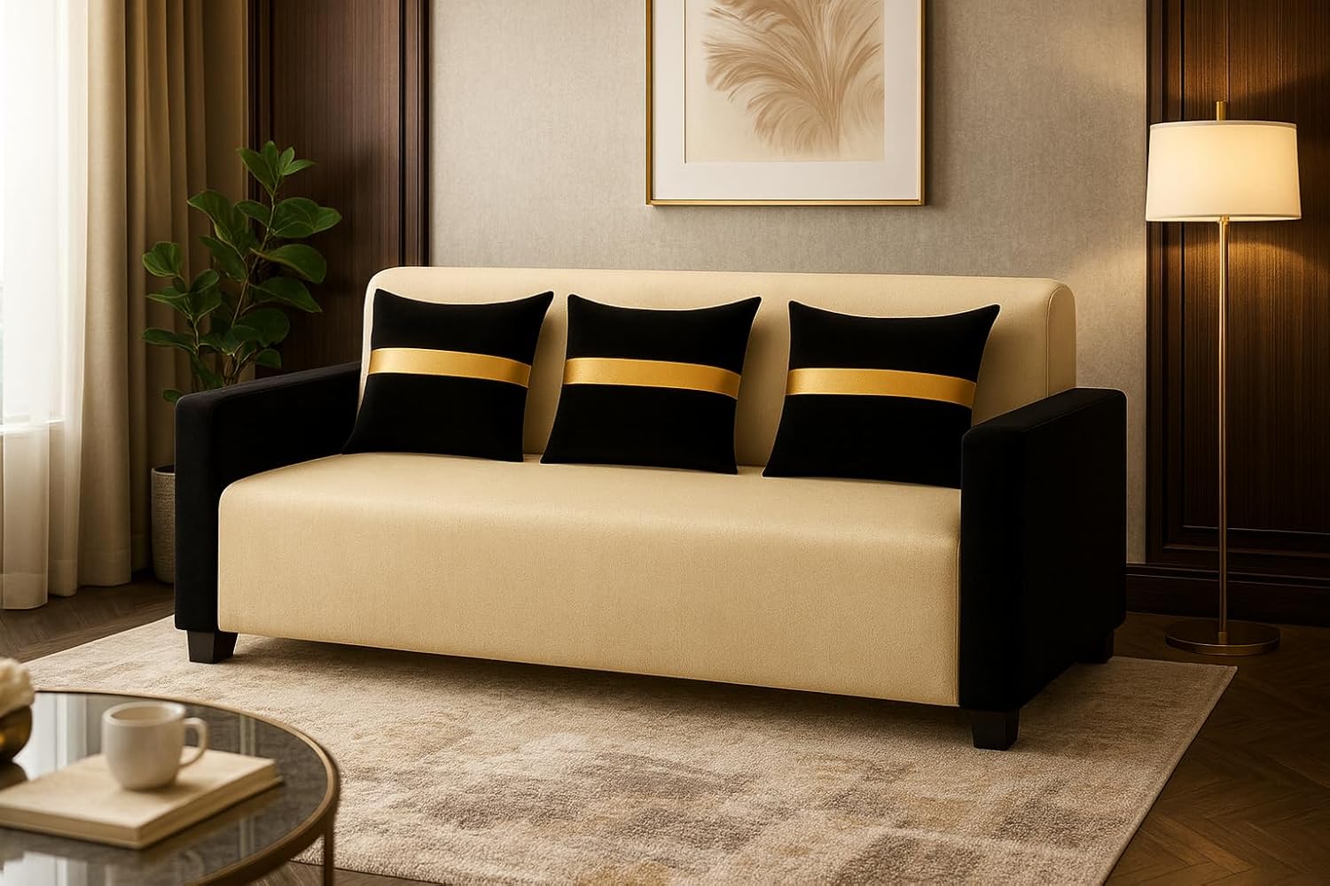 Liviro 3 Seater Sofa Set | Soft Velvet Suede Fabric | Modern Design | Plush Comfort Cushions for Living Room (Dual Cream-Black) - Image 2