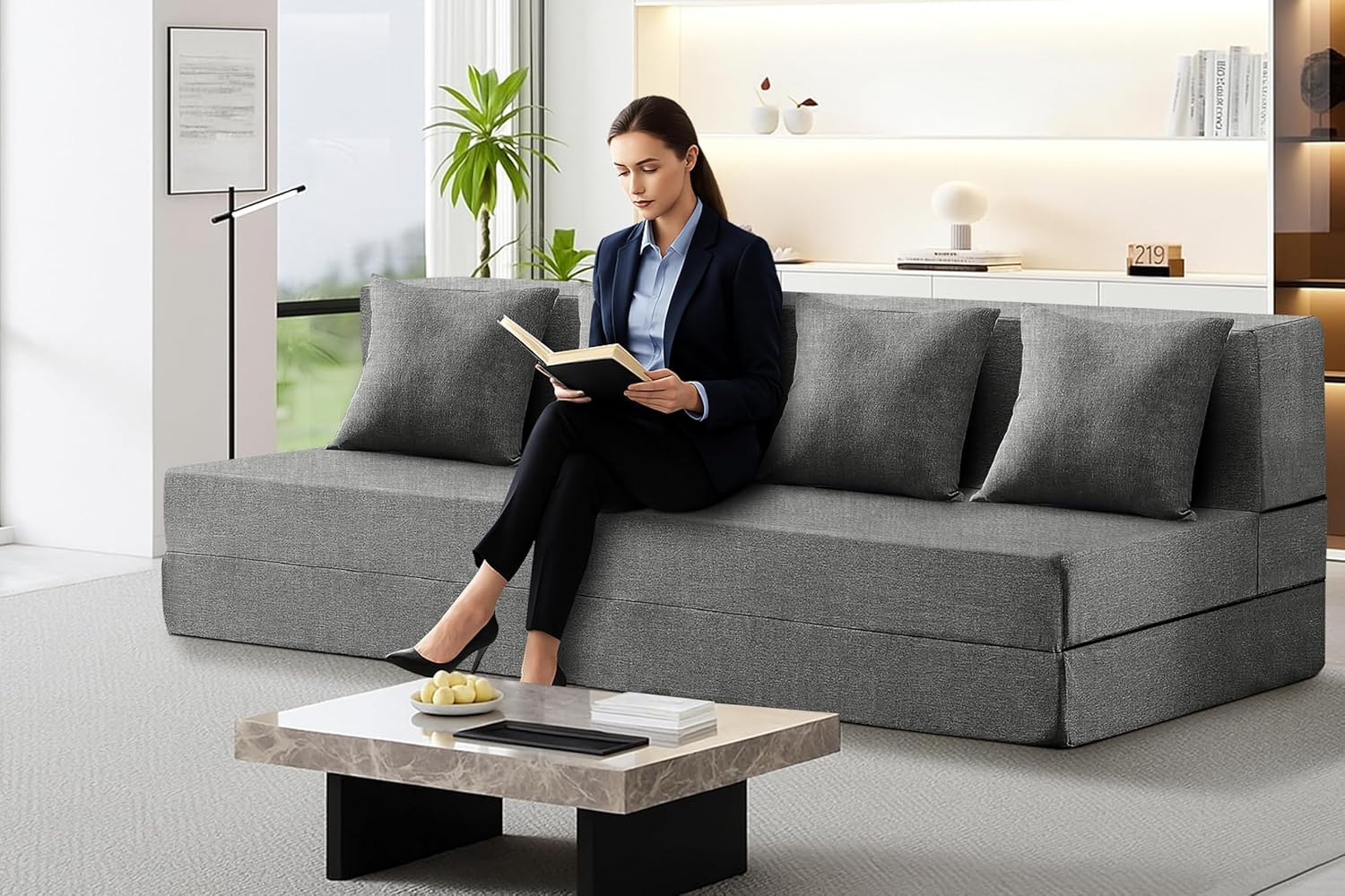 Los Angeles Foldable Four Seater Sofa Cum Bed, Sofa Bed 6 X 6 Feet, Jute Fabric- Washable Cover- Including 4 Cushion Perfect for Home & Office -Grey Color - Image 2